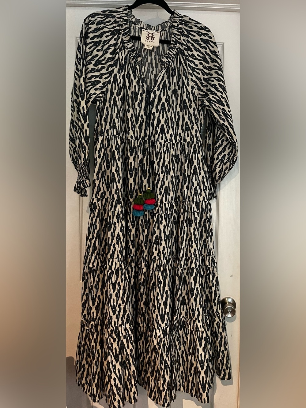 Figue Johanna Animal Print Blouson-Sleeve Tiered Midi Dress Size Small